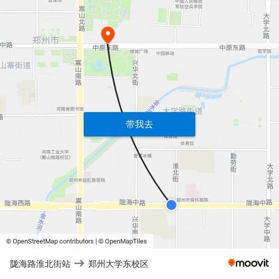 陇海路淮北街站 to 郑州大学东校区 map