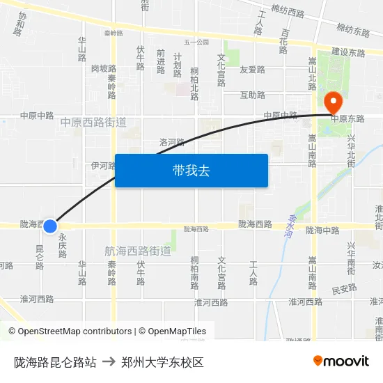 陇海路昆仑路站 to 郑州大学东校区 map