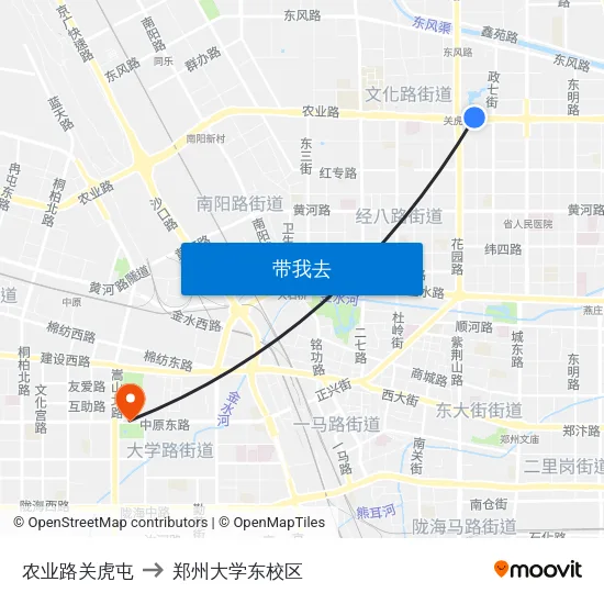 农业路关虎屯 to 郑州大学东校区 map