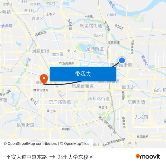 平安大道中道东路 to 郑州大学东校区 map