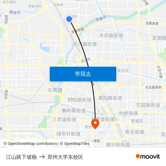 江山路下坡杨 to 郑州大学东校区 map