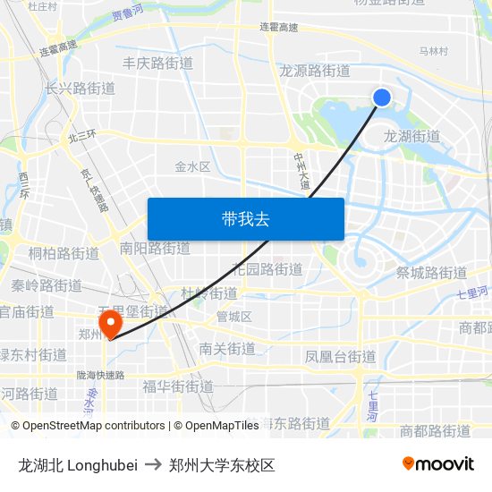 龙湖北 Longhubei to 郑州大学东校区 map