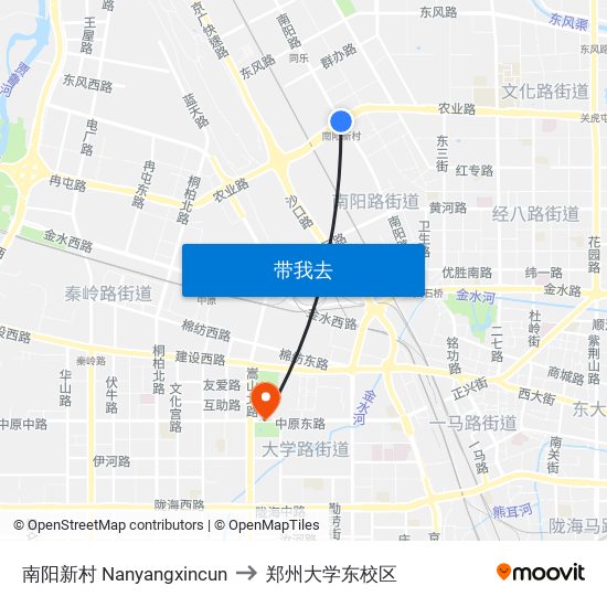 南阳新村 Nanyangxincun to 郑州大学东校区 map