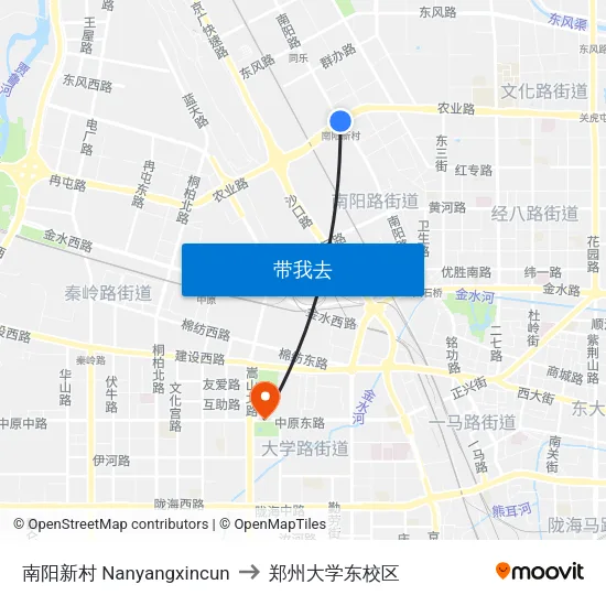 南阳新村 Nanyangxincun to 郑州大学东校区 map