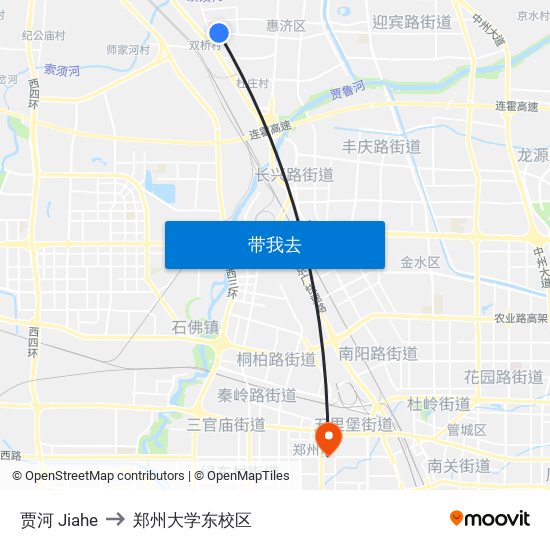 贾河 Jiahe to 郑州大学东校区 map