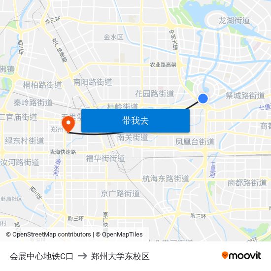 会展中心地铁C口 to 郑州大学东校区 map