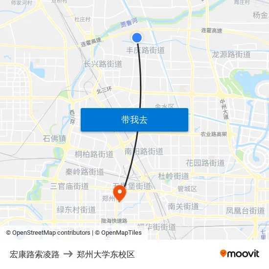 宏康路索凌路 to 郑州大学东校区 map