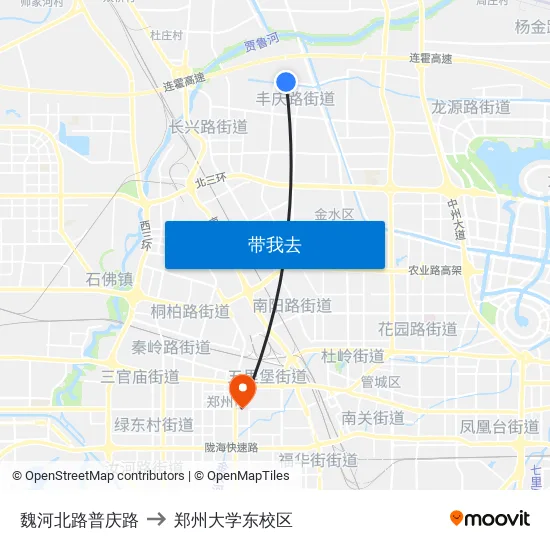魏河北路普庆路 to 郑州大学东校区 map