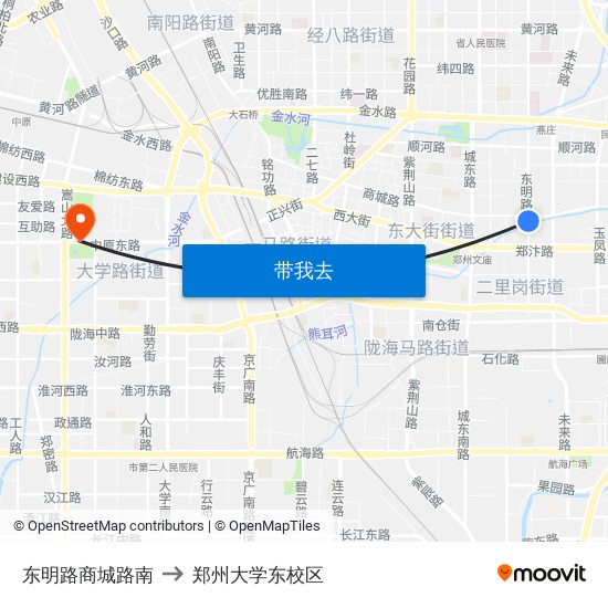 东明路商城路南 to 郑州大学东校区 map