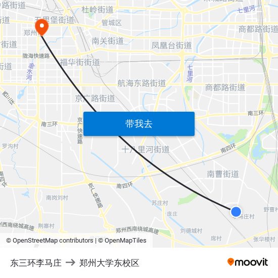 东三环李马庄 to 郑州大学东校区 map