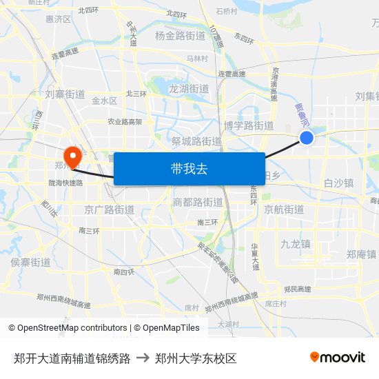 郑开大道南辅道锦绣路 to 郑州大学东校区 map