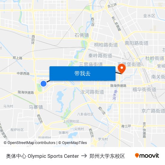 奥体中心 Olympic Sports Center to 郑州大学东校区 map