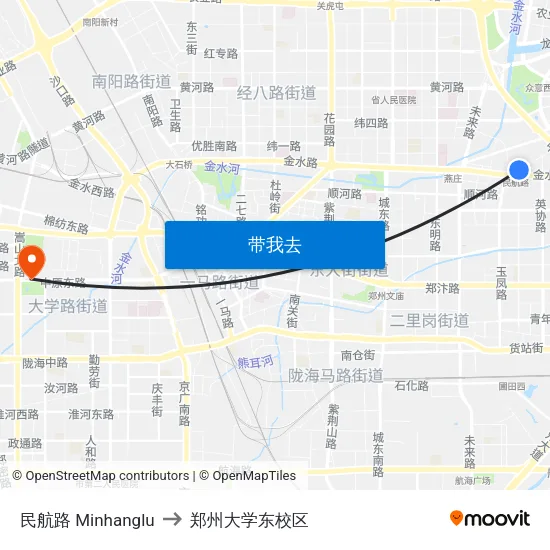 民航路 Minhanglu to 郑州大学东校区 map