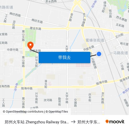 郑州火车站 Zhengzhou Railway Station to 郑州大学东校区 map