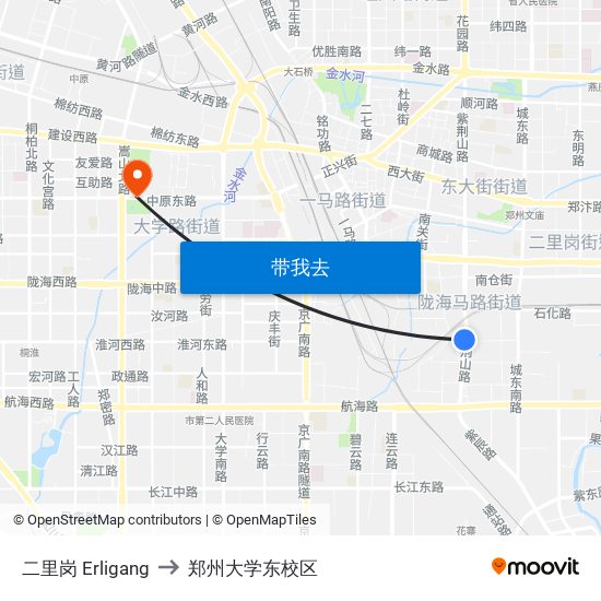 二里岗 Erligang to 郑州大学东校区 map