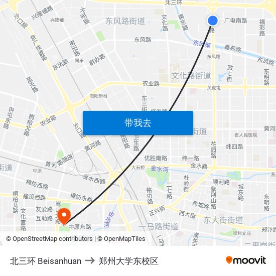 北三环 Beisanhuan to 郑州大学东校区 map
