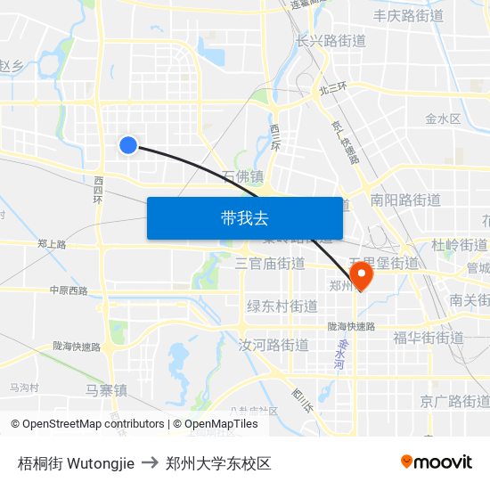 梧桐街 Wutongjie to 郑州大学东校区 map