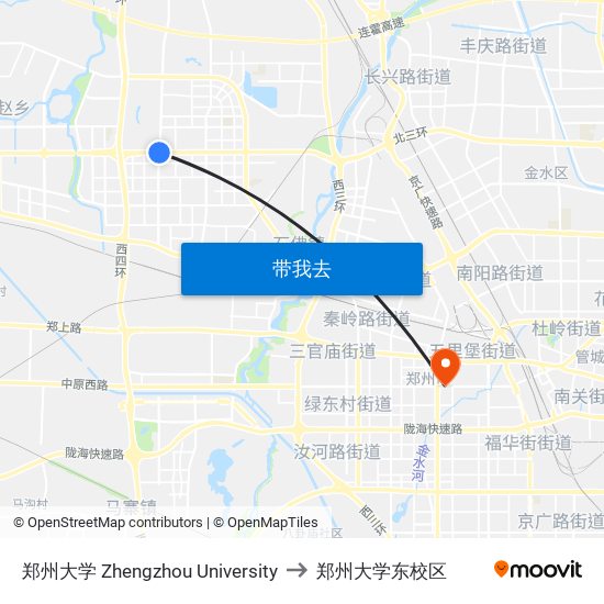 郑州大学 Zhengzhou University to 郑州大学东校区 map