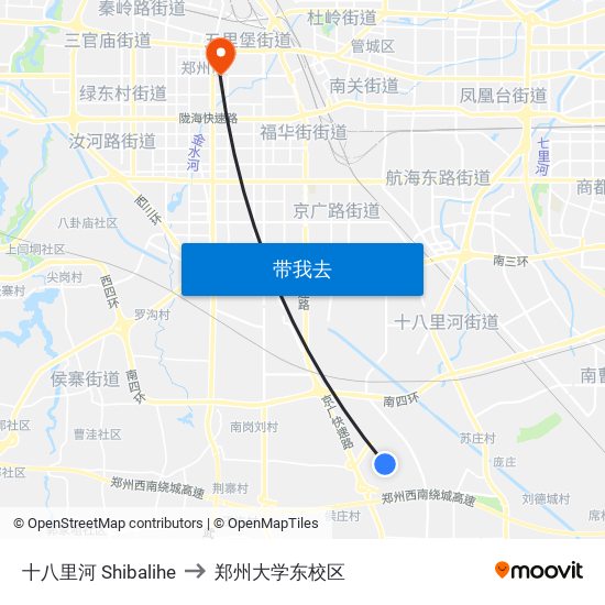 十八里河 Shibalihe to 郑州大学东校区 map