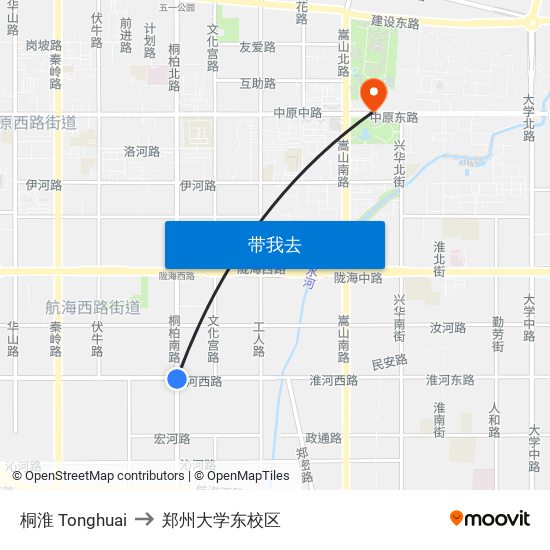 桐淮 Tonghuai to 郑州大学东校区 map