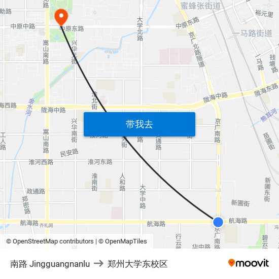 南路 Jingguangnanlu to 郑州大学东校区 map