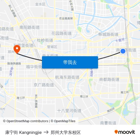 康宁街 Kangningjie to 郑州大学东校区 map