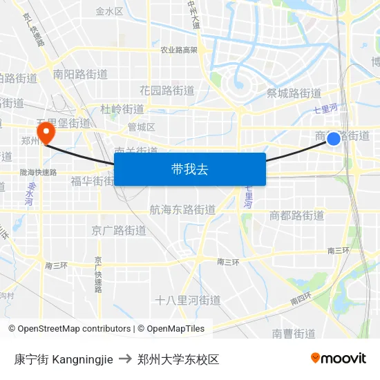 康宁街 Kangningjie to 郑州大学东校区 map
