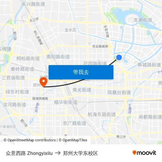 众意西路 Zhongyixilu to 郑州大学东校区 map