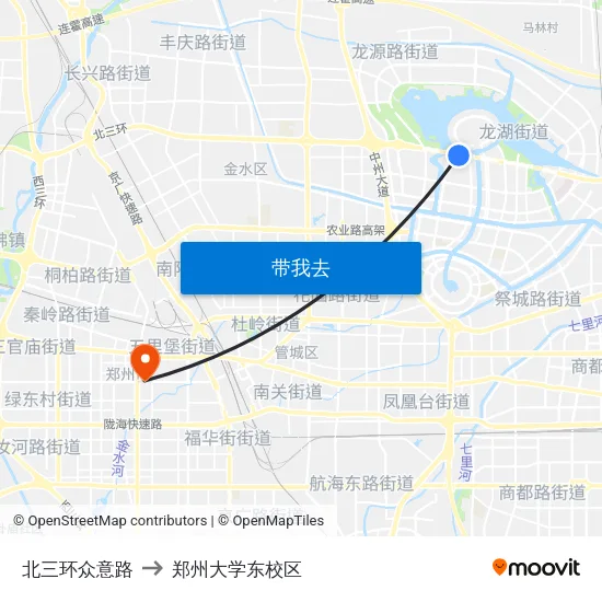 北三环众意路 to 郑州大学东校区 map