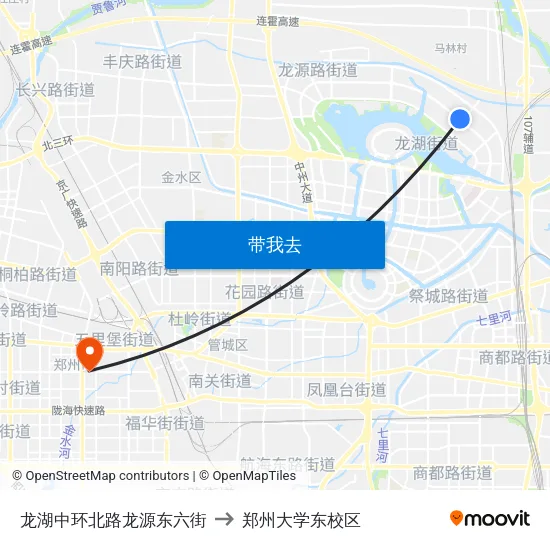 龙湖中环北路龙源东六街 to 郑州大学东校区 map