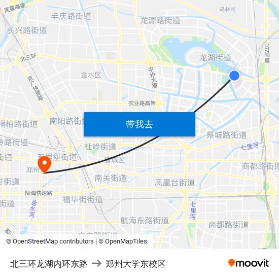 北三环龙湖内环东路 to 郑州大学东校区 map