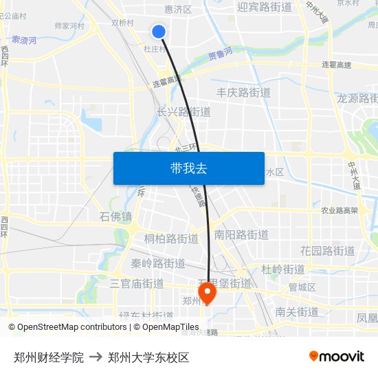 郑州财经学院 to 郑州大学东校区 map