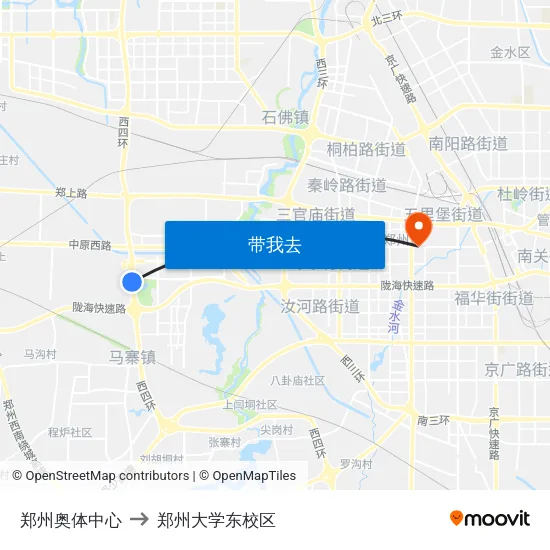 郑州奥体中心 to 郑州大学东校区 map