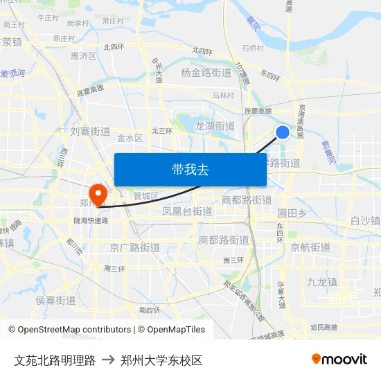 文苑北路明理路 to 郑州大学东校区 map