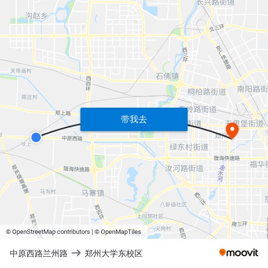 中原西路兰州路 to 郑州大学东校区 map