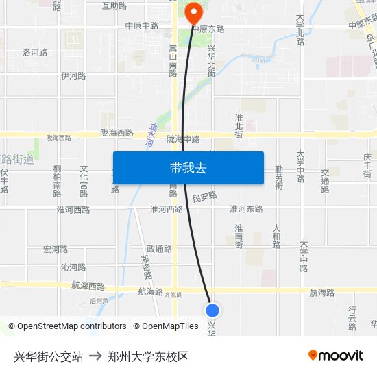 兴华街公交站 to 郑州大学东校区 map