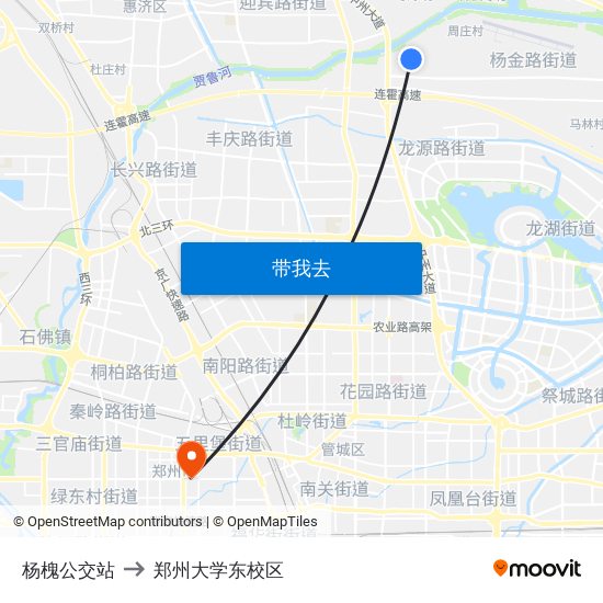 杨槐公交站 to 郑州大学东校区 map