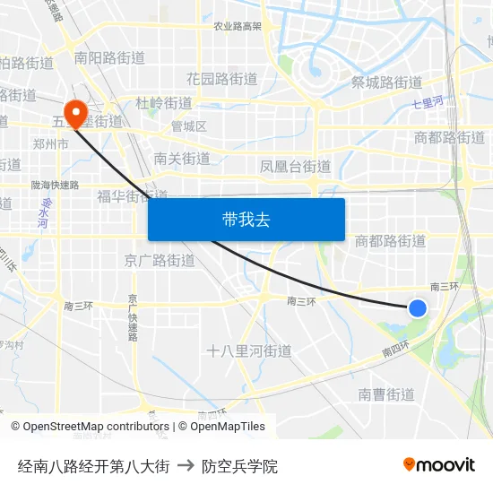 经南八路经开第八大街 to 防空兵学院 map