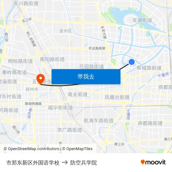 市郑东新区外国语学校 to 防空兵学院 map