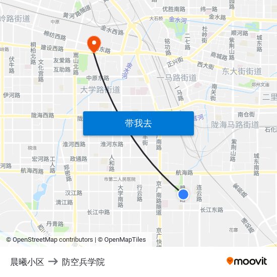 晨曦小区 to 防空兵学院 map