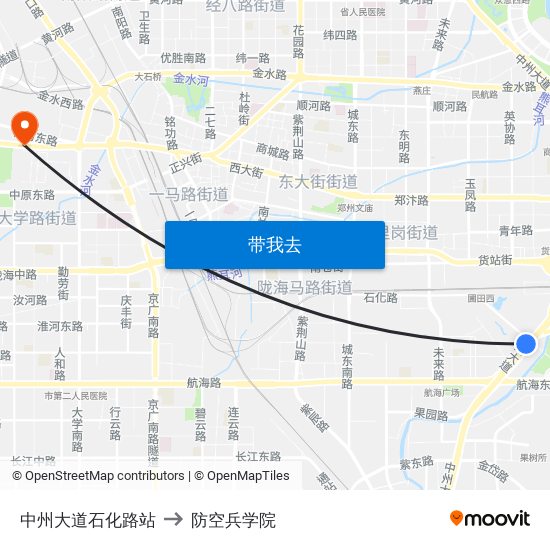 中州大道石化路站 to 防空兵学院 map