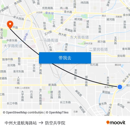 中州大道航海路站 to 防空兵学院 map