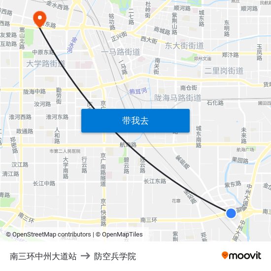 南三环中州大道站 to 防空兵学院 map