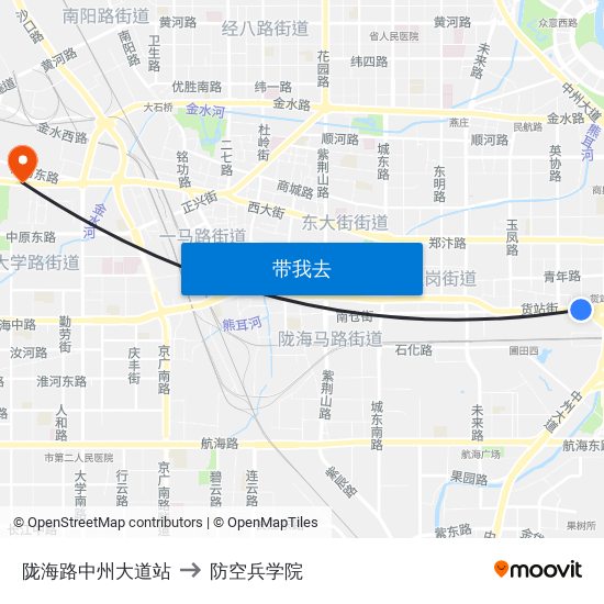 陇海路中州大道站 to 防空兵学院 map