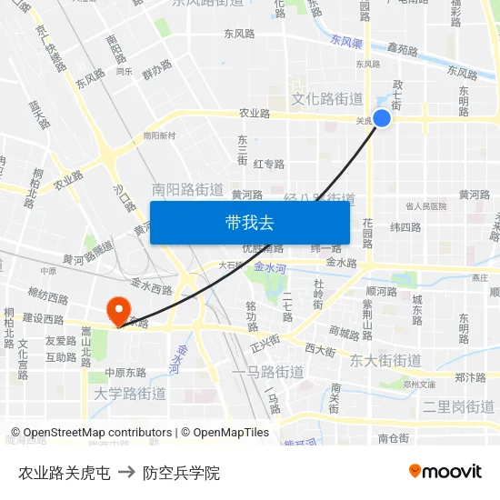 农业路关虎屯 to 防空兵学院 map