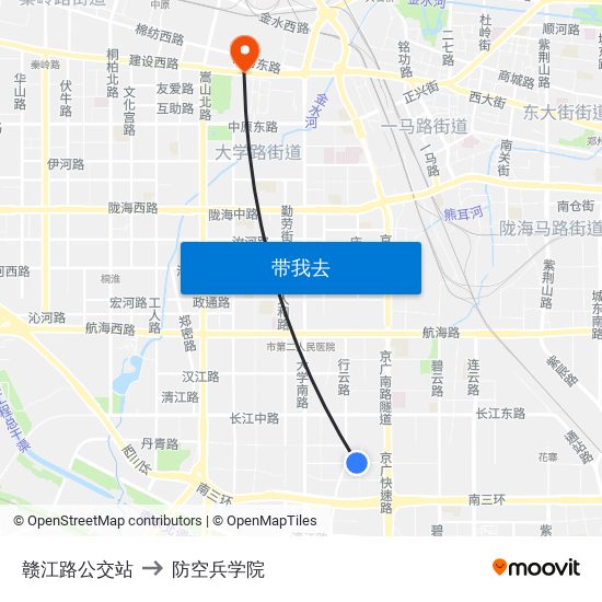 赣江路公交站 to 防空兵学院 map