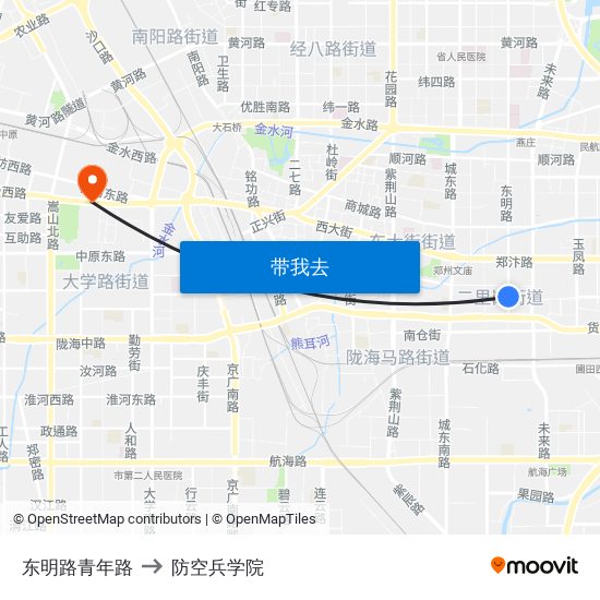 东明路青年路 to 防空兵学院 map