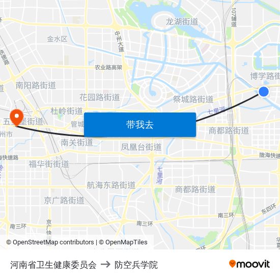 河南省卫生健康委员会 to 防空兵学院 map