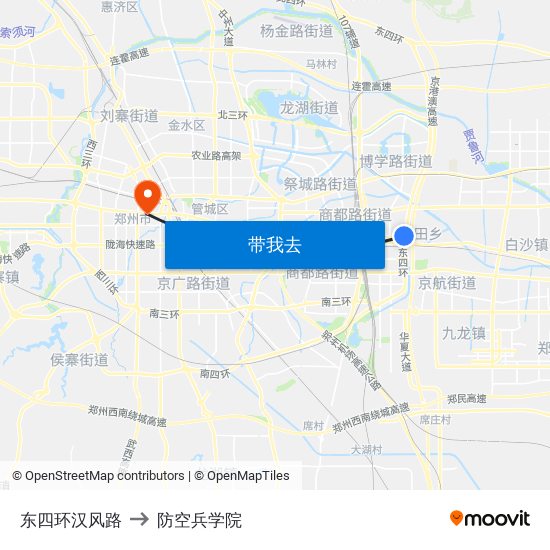 东四环汉风路 to 防空兵学院 map