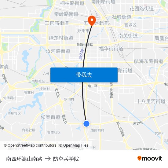 南四环嵩山南路 to 防空兵学院 map